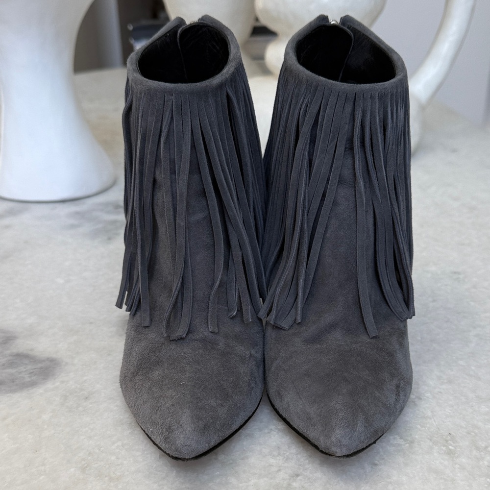 Elyse Walker Fringe Suede Ankle Boots - Gray Sz 38
